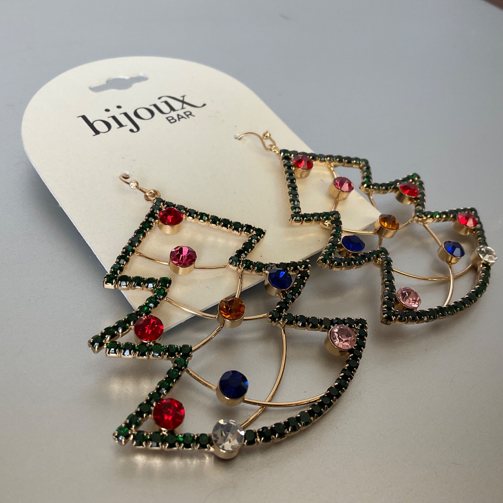 Rhinestone Christmas Tree Dangle Earrings Gold Tone Bijoux Bar 2.5” Drop