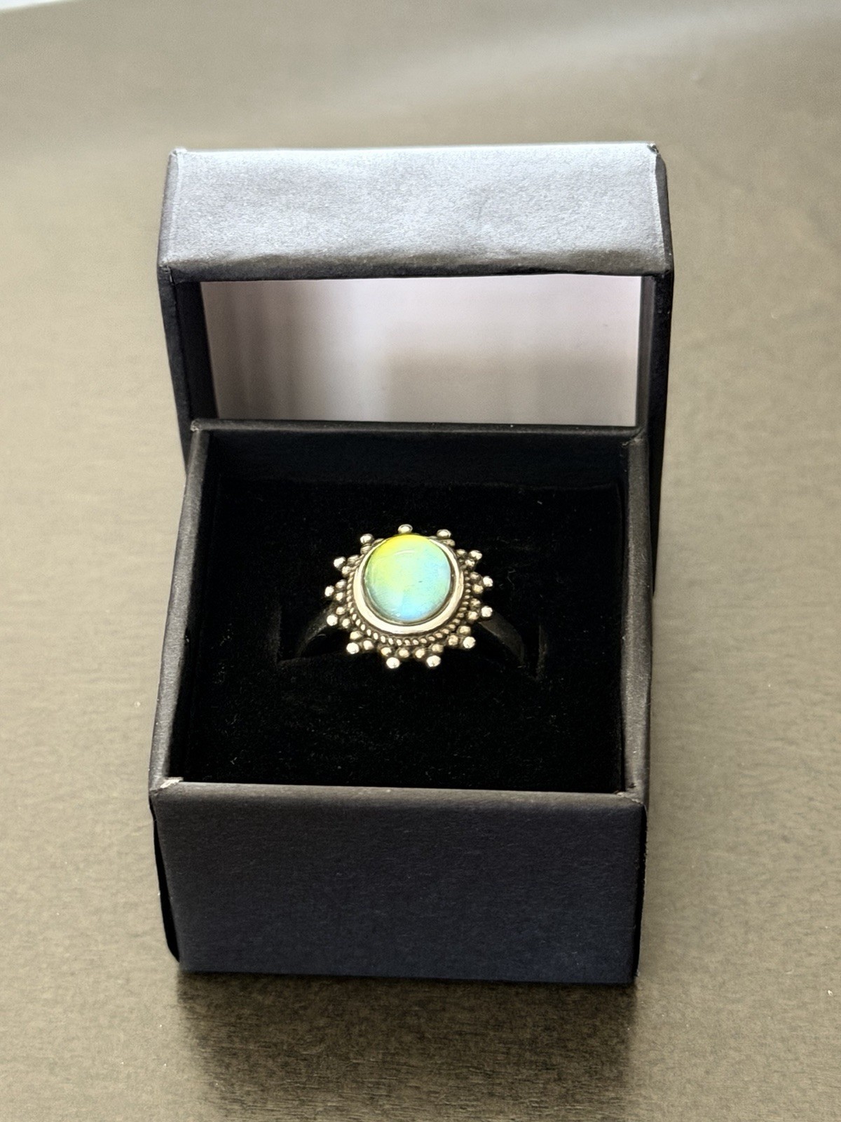 Sterling Silver Plated Flower Oval Mood Ring + Color Chart + Gift Box Size 7.5