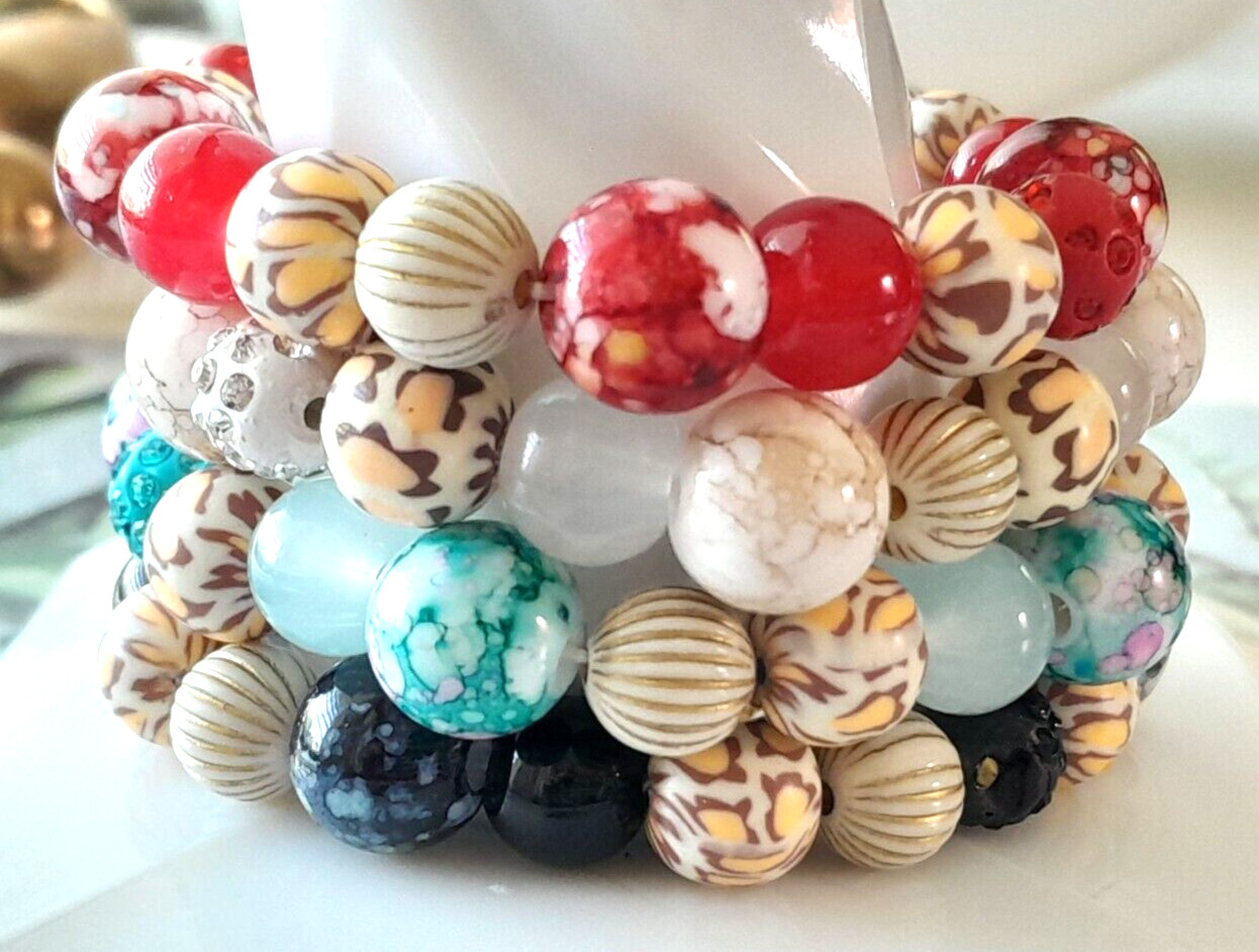 Artisan Viva Beads Chunky Clay & Acrylic Handmade Lot Of 4 Stretchy Bracelets