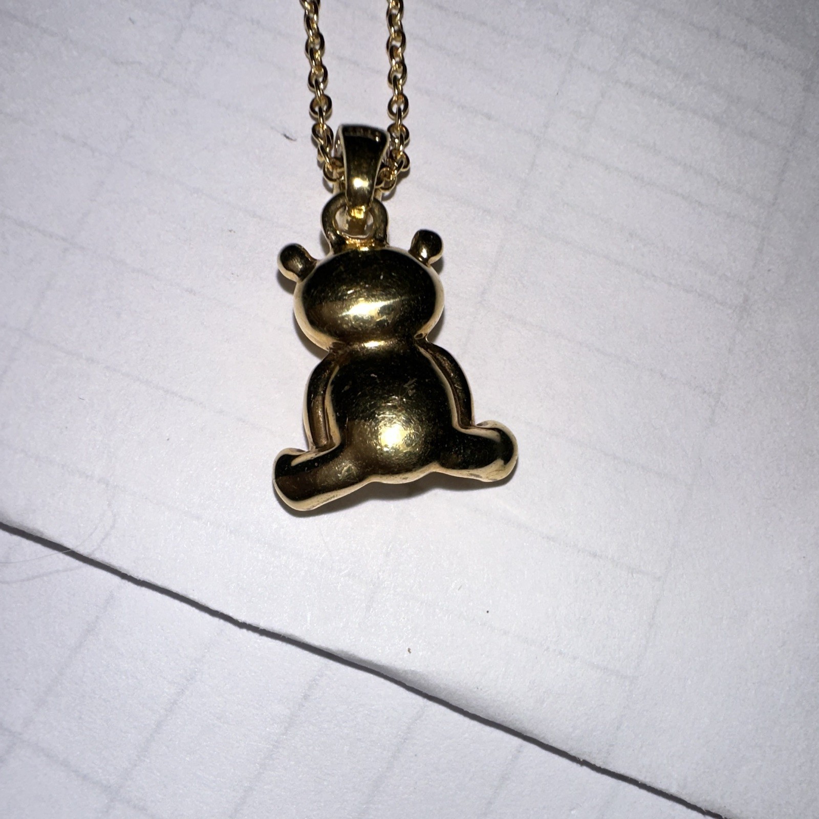 Gold Tone Teddy Bear Charm Pendant Necklace w/ White Crystal Belly, Cable Chain