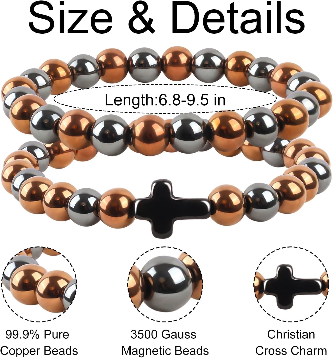 2PCS Copper Bracelets for Women Men 99.9% Pure Copper Jewelry and Cross Charm Br