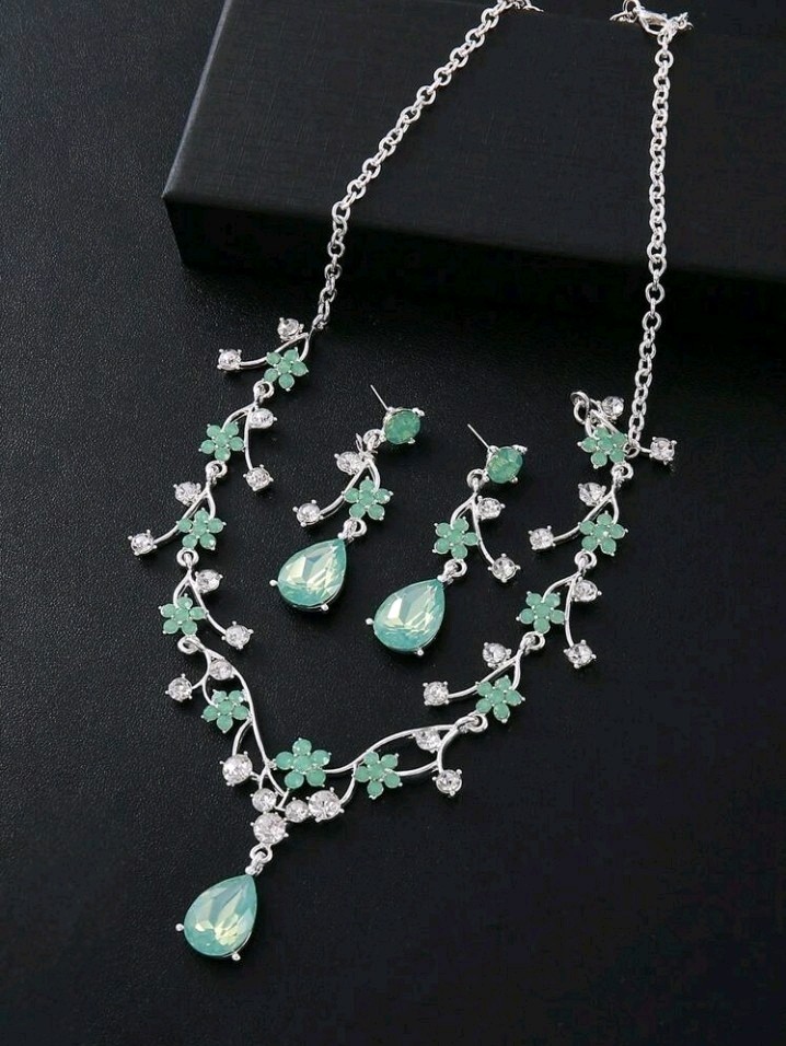 Silver-Plated Zinc Earrings & Necklace With Green & White/Colorless Rhinestones
