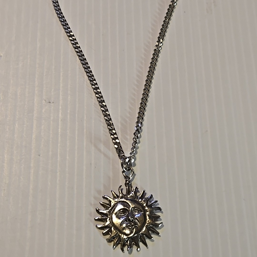 SUN & MOON FACES Pewter Pendant Charm / 18″-24″ STAINLESS CURB CHAIN NECKLACE