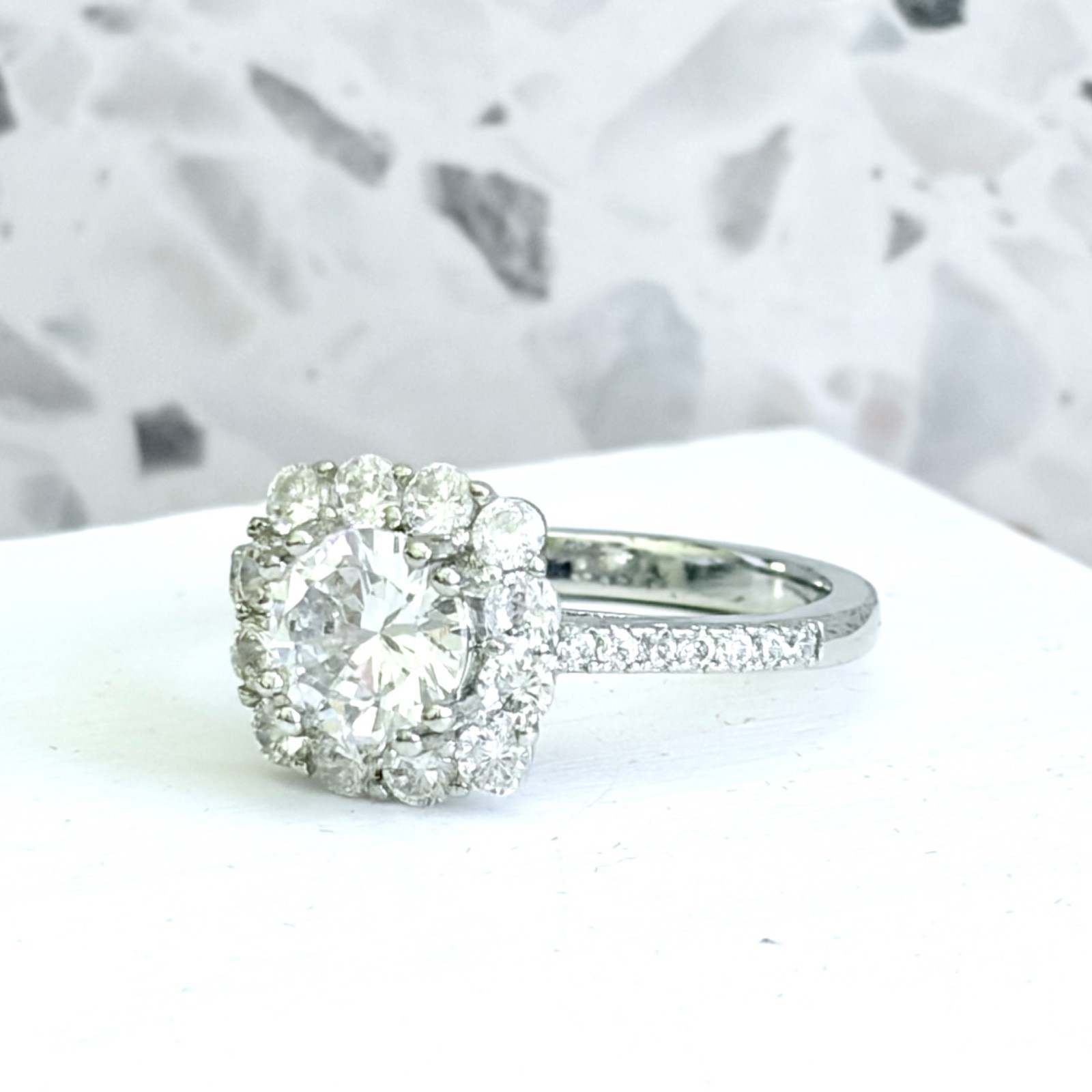 Round Cut Pave Set Halo 14k Gold 925 S.S. Simulated Sapphire Engagement Ring