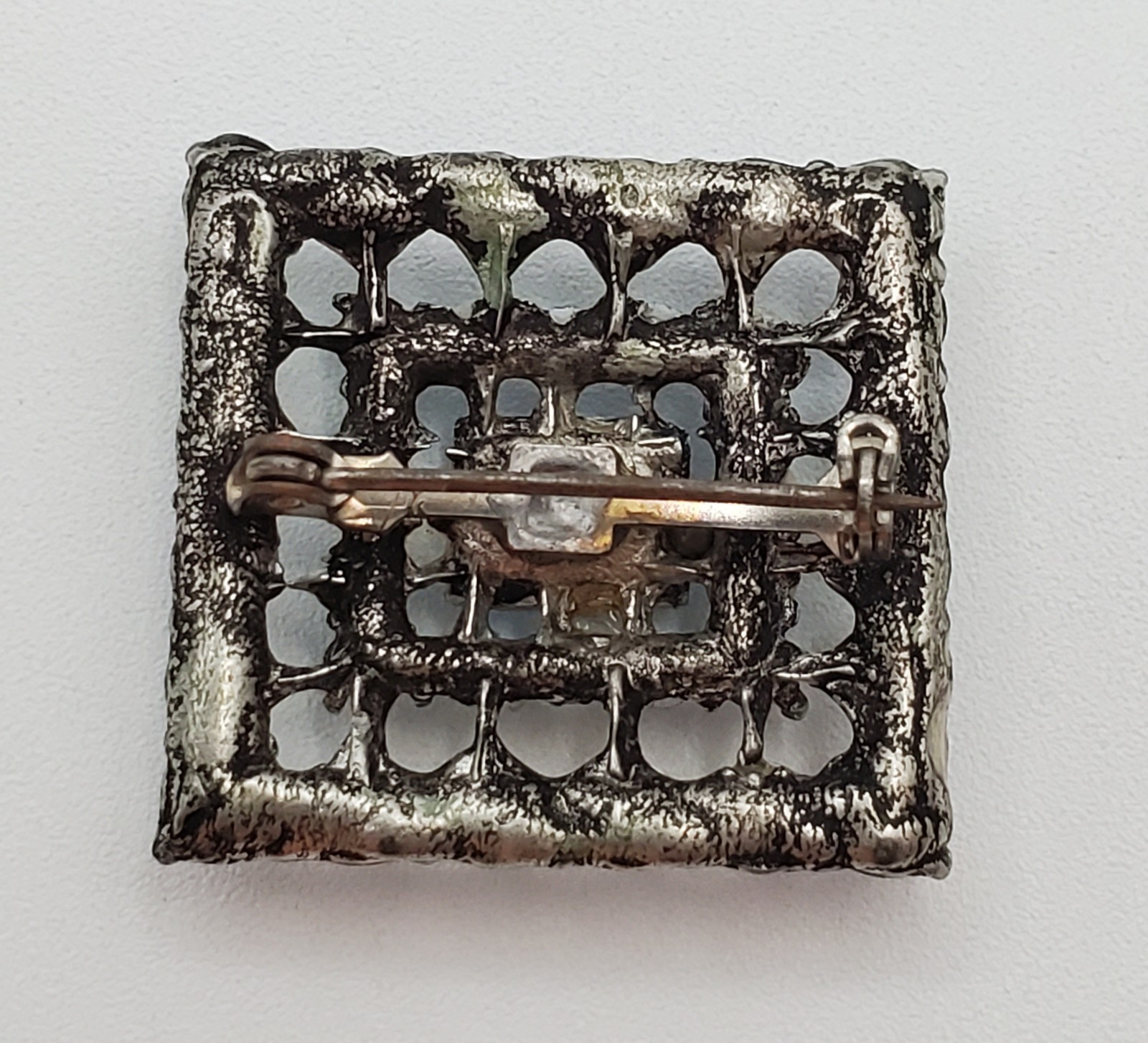 VTG Aurora Borealis Crystal Brooch 1in Square Silver Tone Blue Layered AB Pin