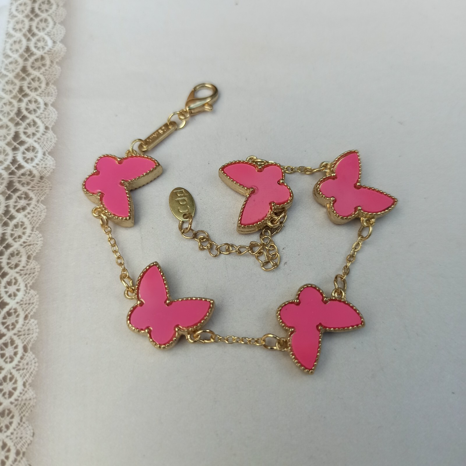 Pink Butterfly Bracelet Signed MINISO Gold Tone Station Girl Teen Gift Modernist