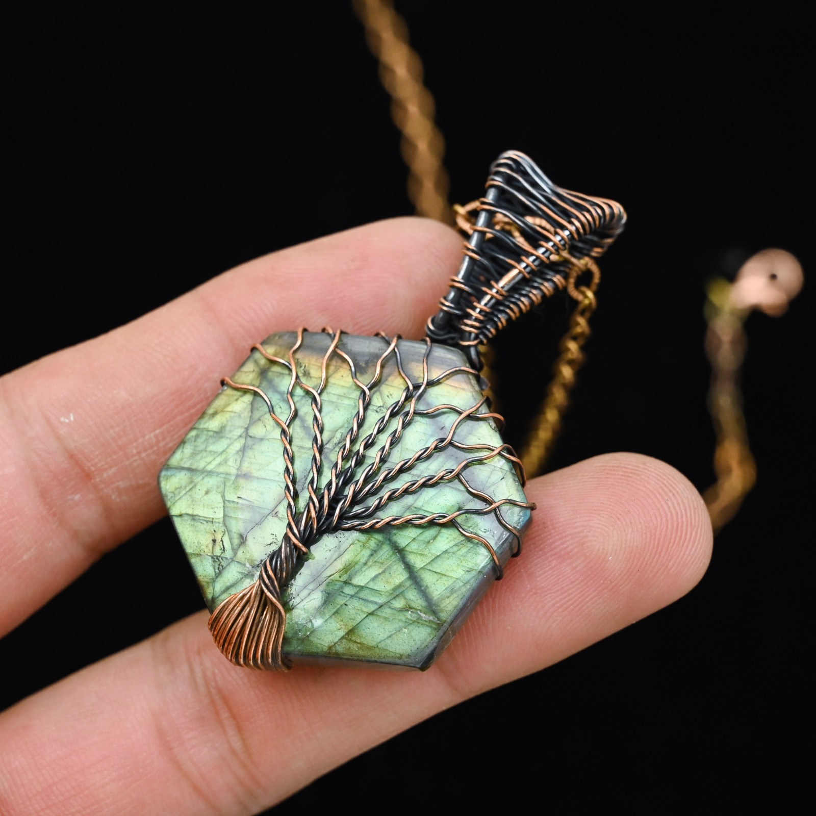 Copper Wire Wrapped Labradorite Hexagon Tree of Life Pendant | Artisan Gemstone