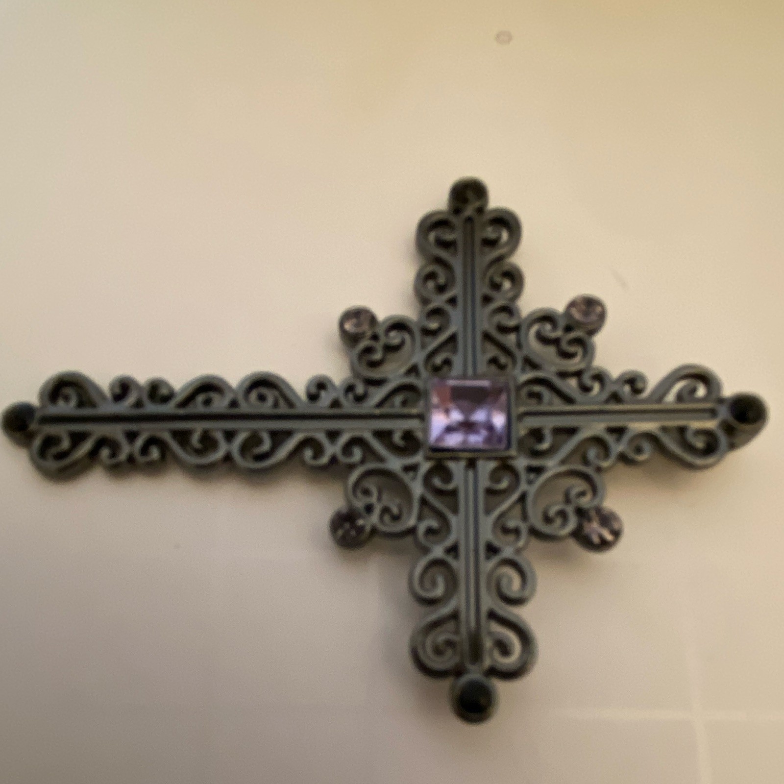 Vintages Black Filigree Cross Pendant Purple Square Crystal Accents Metal