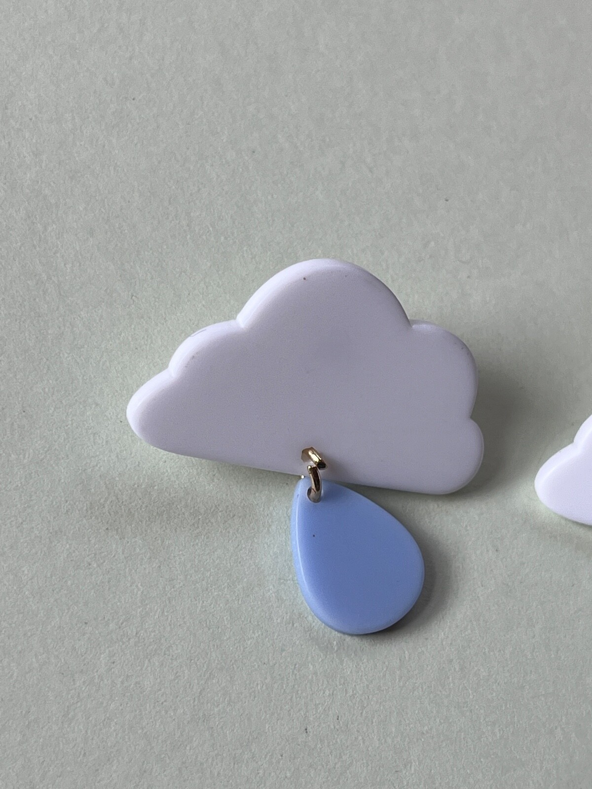 White Plastic Cloud w Light Blue Teardrop Raindrop Dangle Post Earrings for Pier