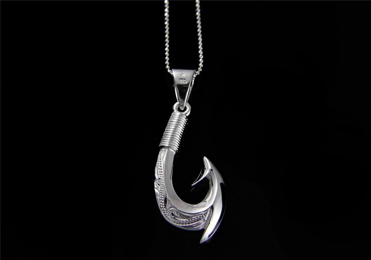 SILVER 925 HAWAIIAN 2 SIDED SCROLL ENGRAVED 3D FISH HOOK PENDANT HEAVY 15MM