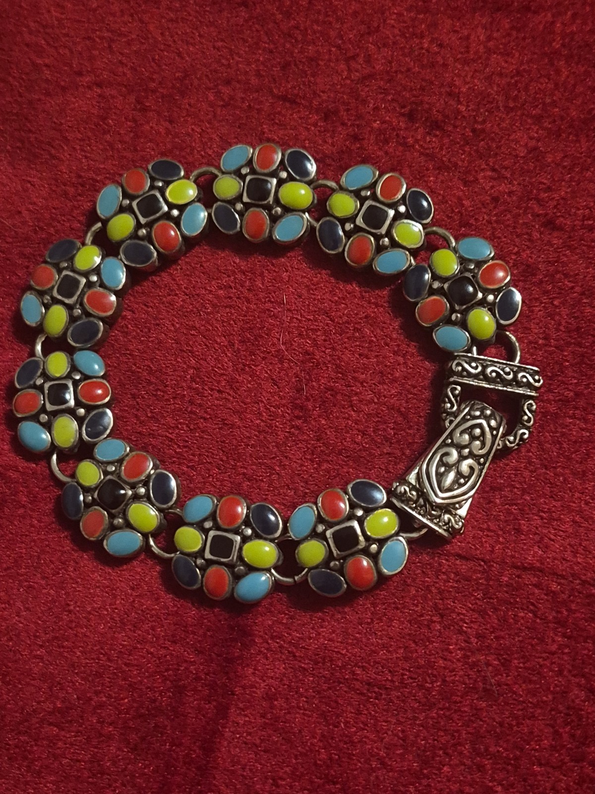 Colorful Bracelet Enamel Square Link Fun Silver Tone Metal 8 Inch