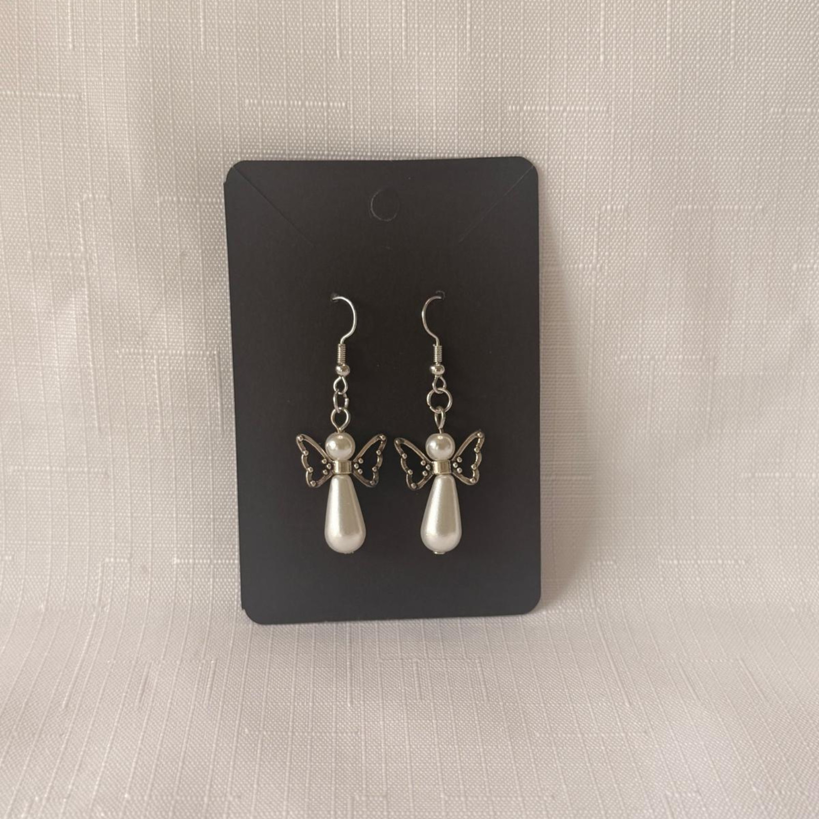 Angel Wing Earrings Silver Pearl Handmade Beaded Dangle Jewelry Gift