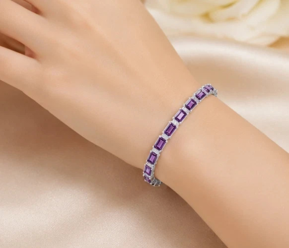 10 Ct Emerald Cut Simulated Amethyst Women Tennis Bracelet 14K White Gold Plated