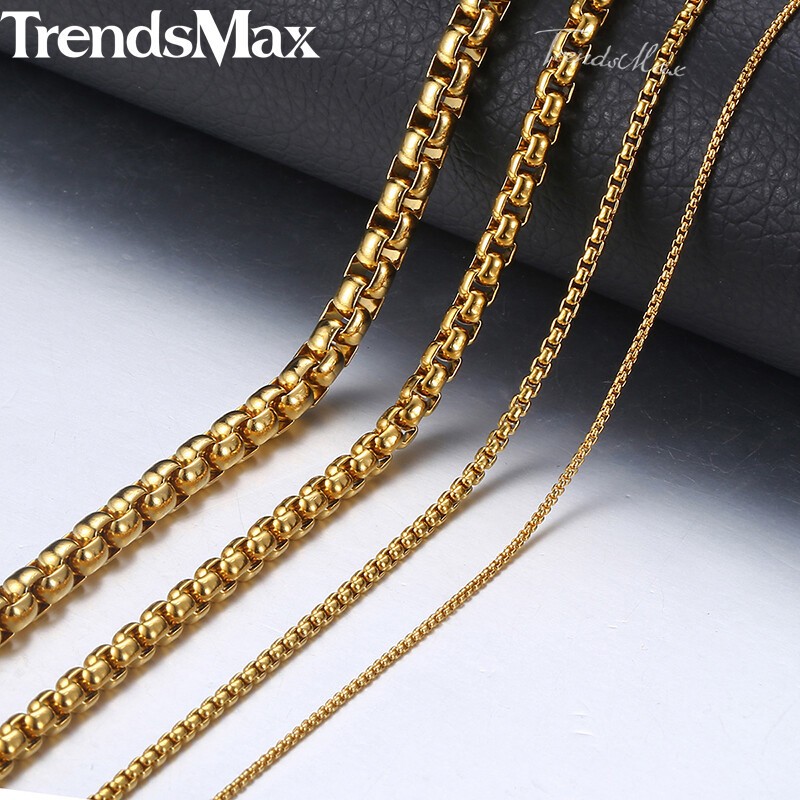 2/3/4/5MM Round Box Link Chain Necklace Gold Plated Choker 16-36″ For Men Boy