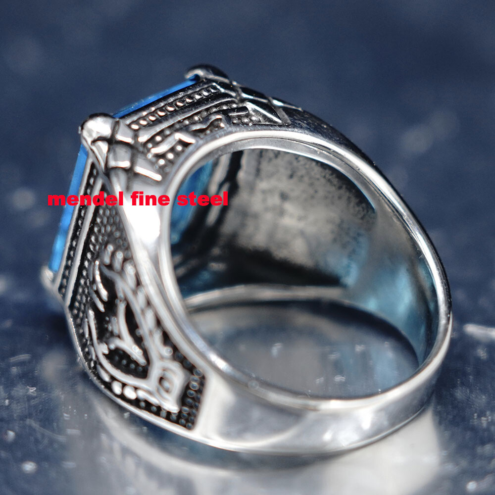 MENDEL Mens Blue CZ Aquamarine Square Stone Ring Stainless Steel Size 7 8 9-15