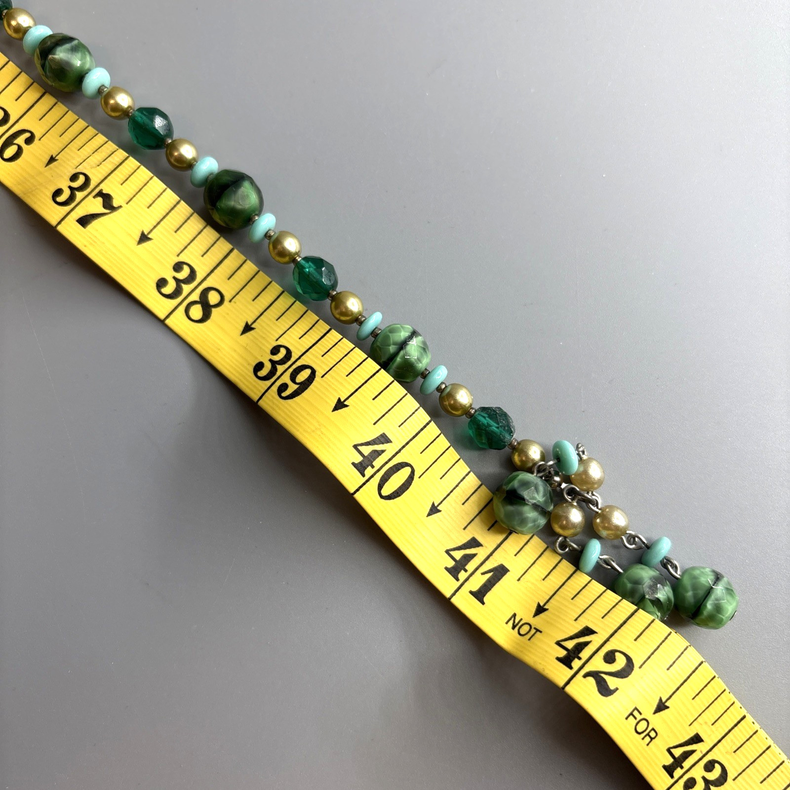 Emerald Green, Turquoise and Gold Beaded Set 42″ Lariat Necklace & Coil Bracelet