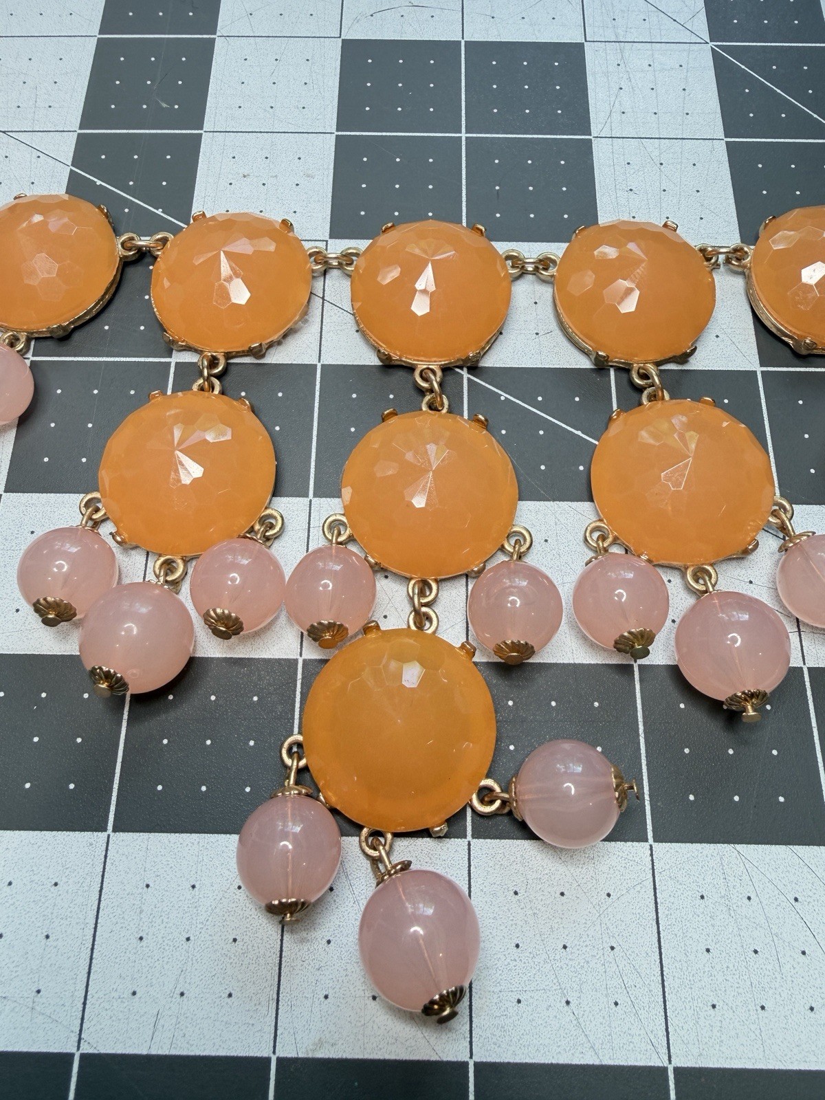 Bold Peach and Pink Chunky Statement Necklace Gold tone Bib Choker