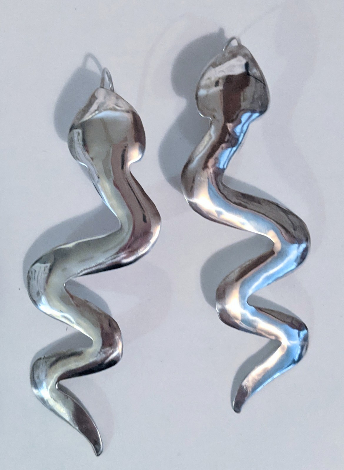 Edgy Crawling Snake Serpent Sterling Silver Long Hook Drop Earrings 3 1/4 Inch