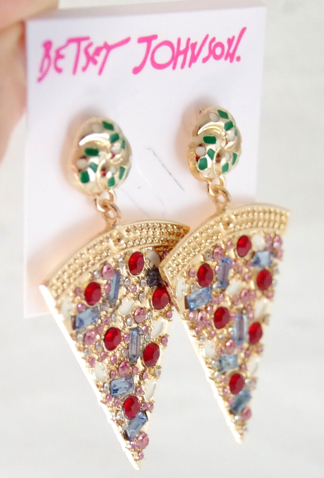 2.25″ BETSEY JOHNSON PIZZA SLICE CRYSTAL RHINESTONE/ ENAMEL DROP DANGLE EARRINGS