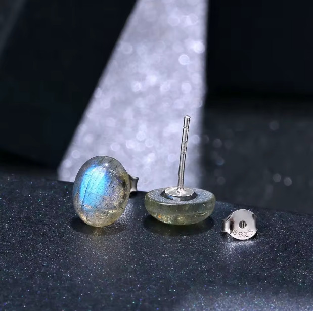 Labradorite Oval Stud Earrings Rainbow Flash Crystal Spiritual Energy Jewelry