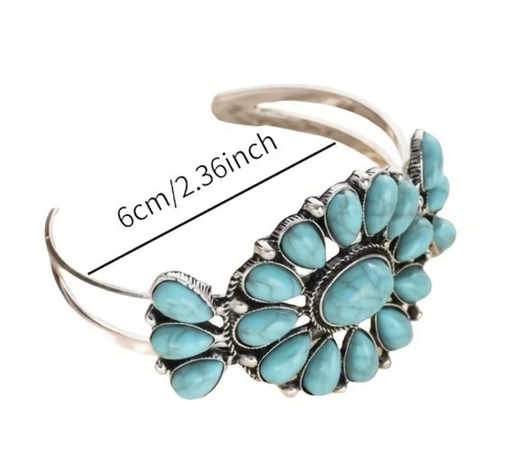 Turquoise Cuff Bracelet Western Boho Silvertone Jewelry Boho