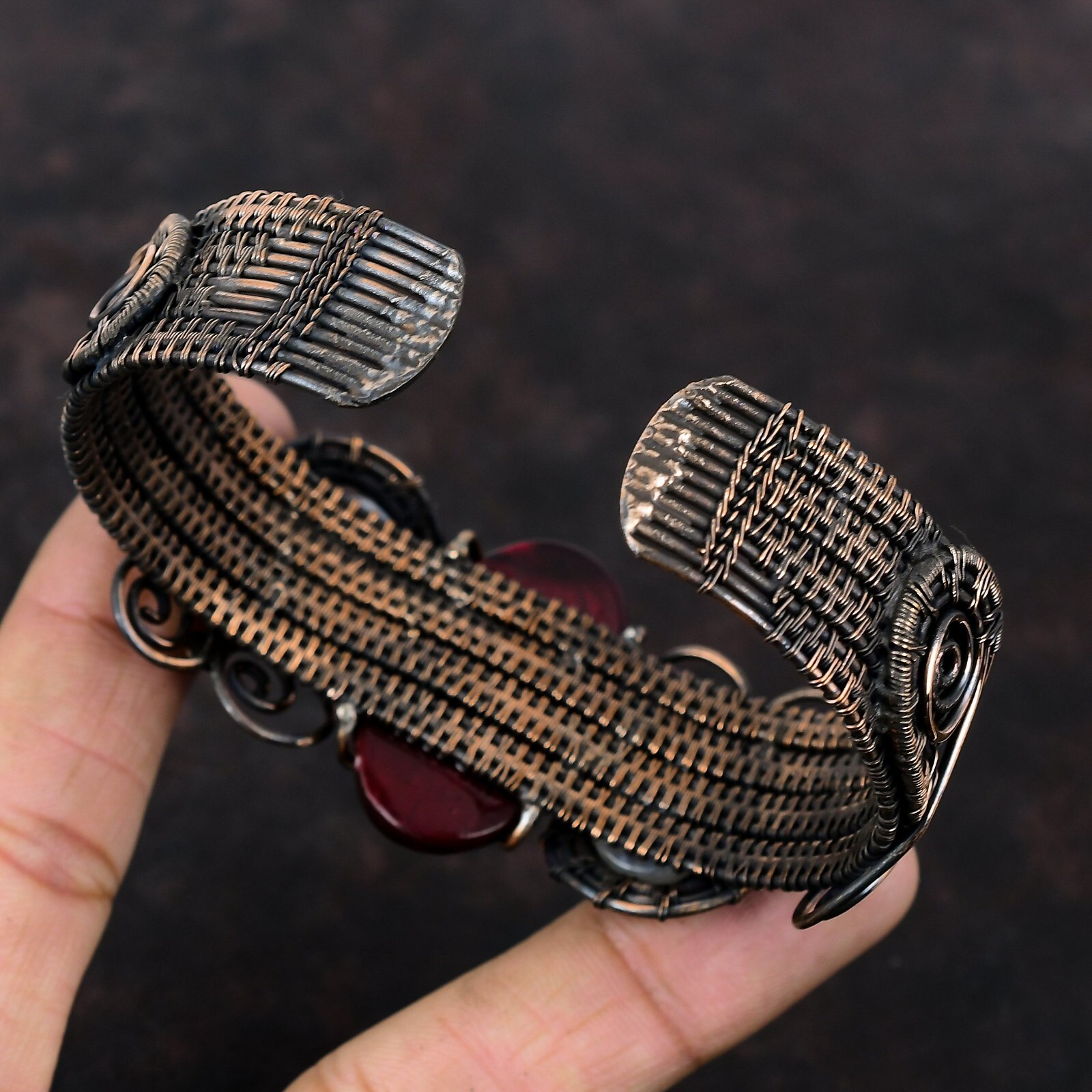 Red Fire Labradorite Copper Bestie Gift Wire Wrapped Adjustable Cuff