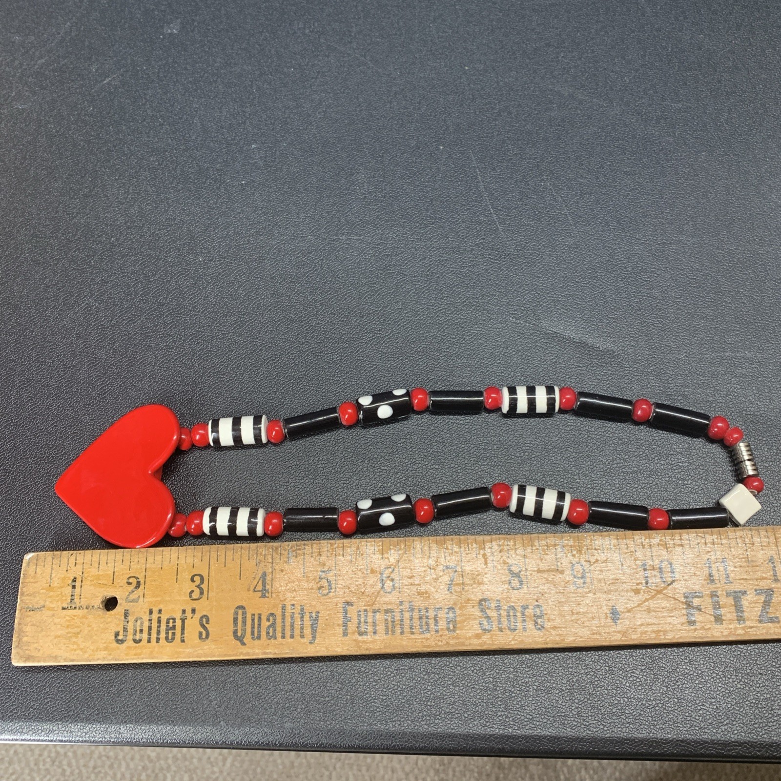 Vintage Flying Colors Ceramic Heart Necklace Red Black White Bead Pop Art 80s