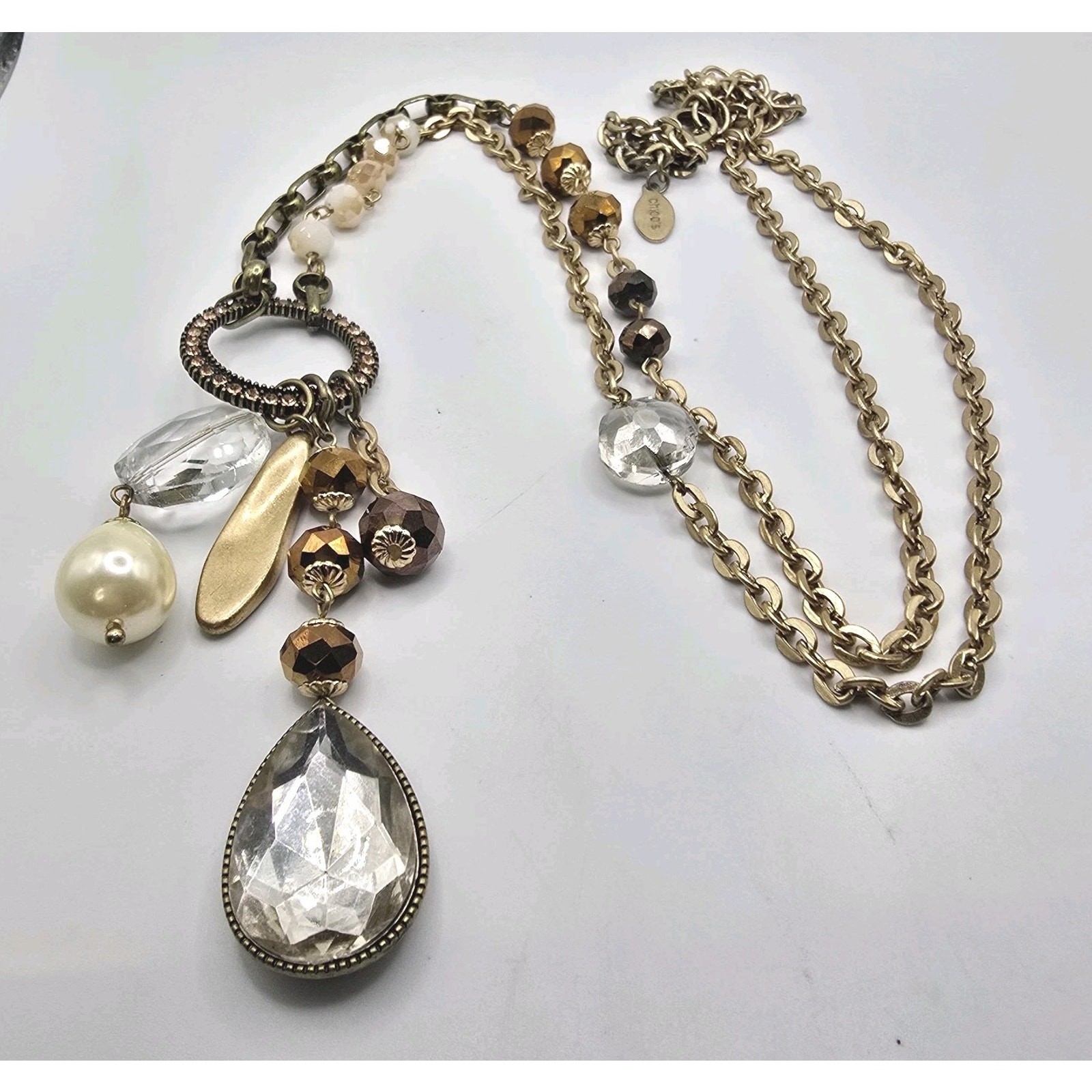 Necklace Chico’s Charm Necklace Crystals Glass Beads 36″ 38″ Antique Gold Tone