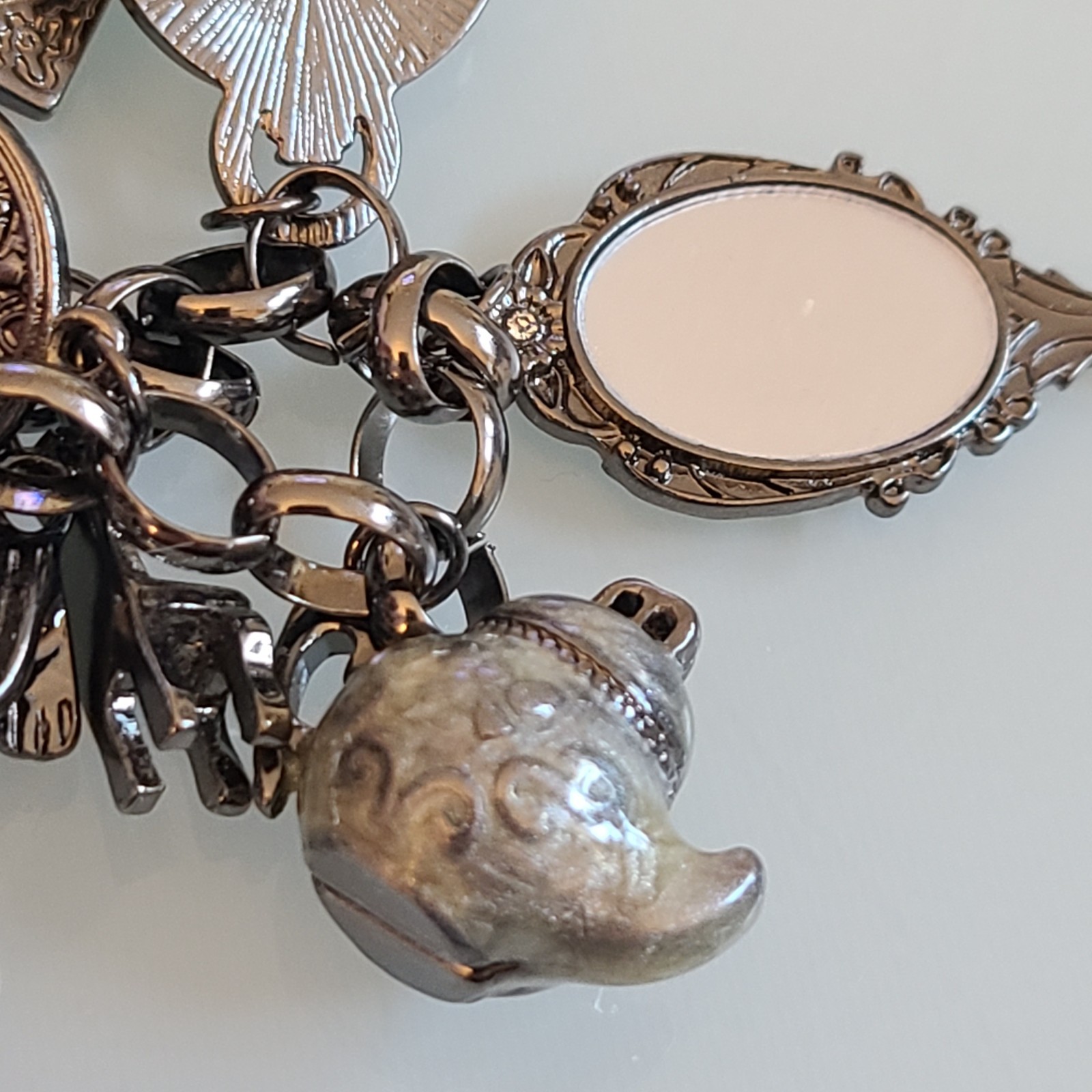 10″ Whimsical Fairytale Charm Bracelet Gunmetal Tone Teapot Frog Mirror Shoe Key