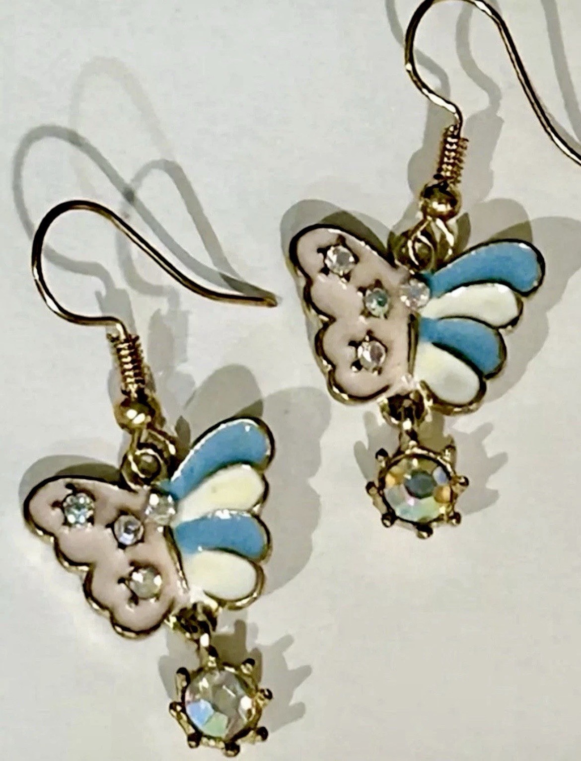 Gold Tone Blue Pink Enamel Rhinestone Butterfly Dangle Earrings NWOT