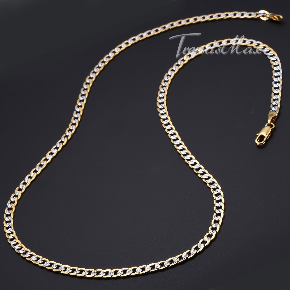 4mm 18/20/22″ Silver+Gold Hammer Curb Cuban Link 10K Gold filled Chain Necklace