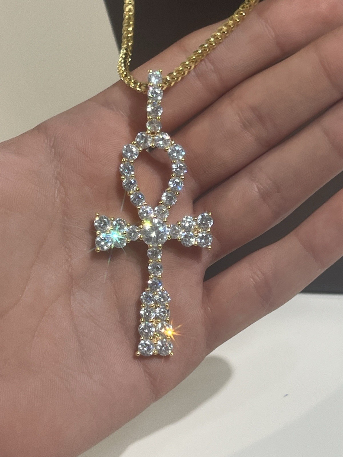 Gold Plate CZ Ankh Cross Pendant Necklace, Egyptian Cross Cubic Zirconia