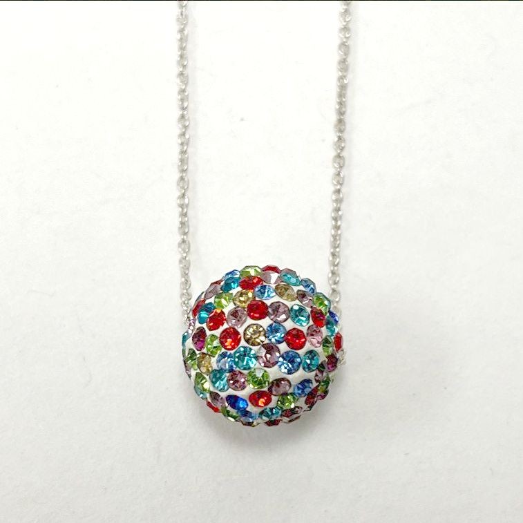 16.5″ Sterling Silver Rainbow Rhinestone Ball Pendant Necklace, 4.19g