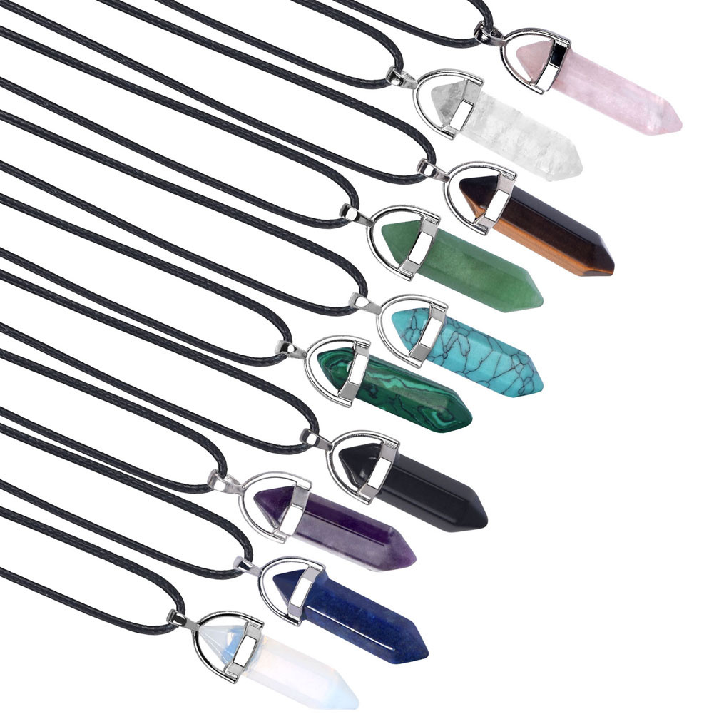 Crystal Stone Healing Pointed Chakra Pendant Hexagonal Quartz Necklace with Rope