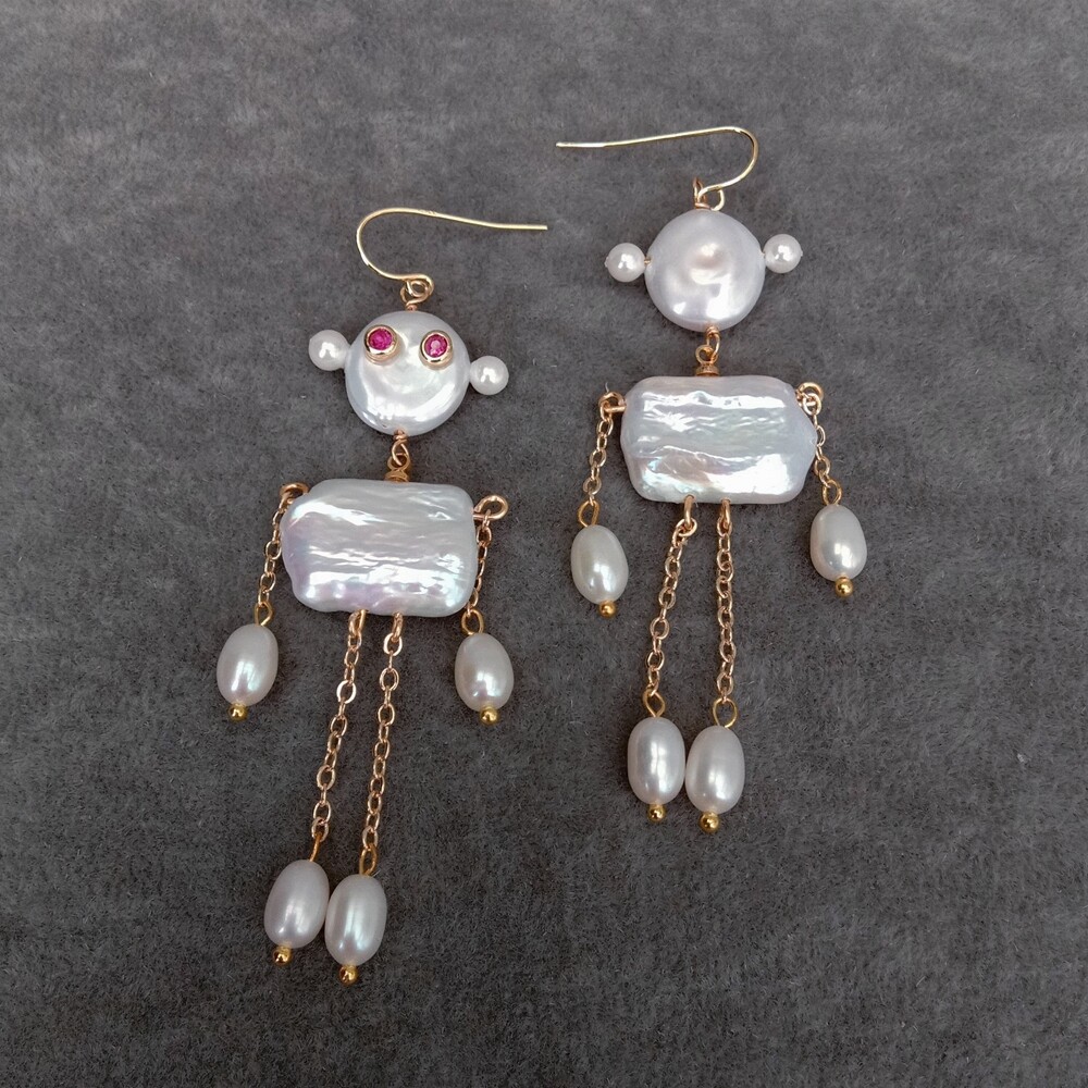 3.1″ Cultured White Pearl Earrings Robot Shape Dangle Earrings Novelty Jewelry