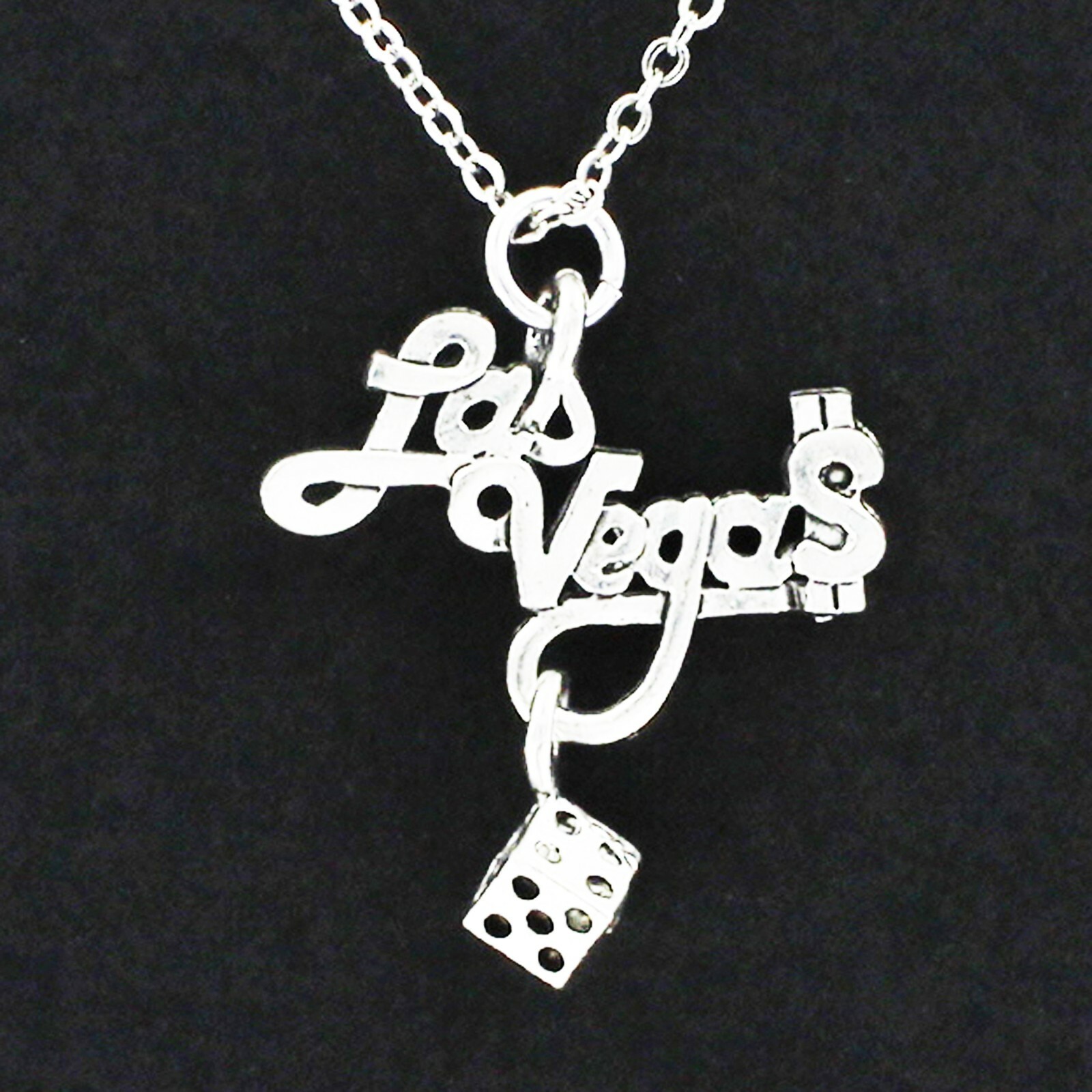 LAS VEGAS Necklace on Chain or Charm Only – Pewter Letters Gambling Dice Craps