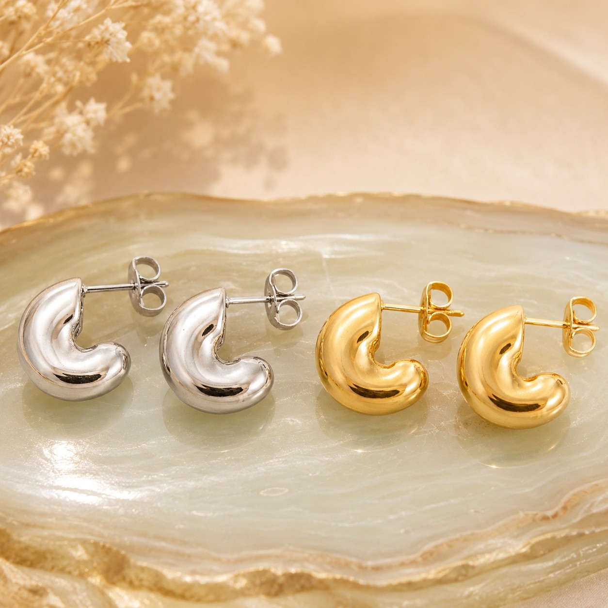 Stud Earrings Stainless Steel Gold Plated C-shaped 0.53 in Silver Gift E72