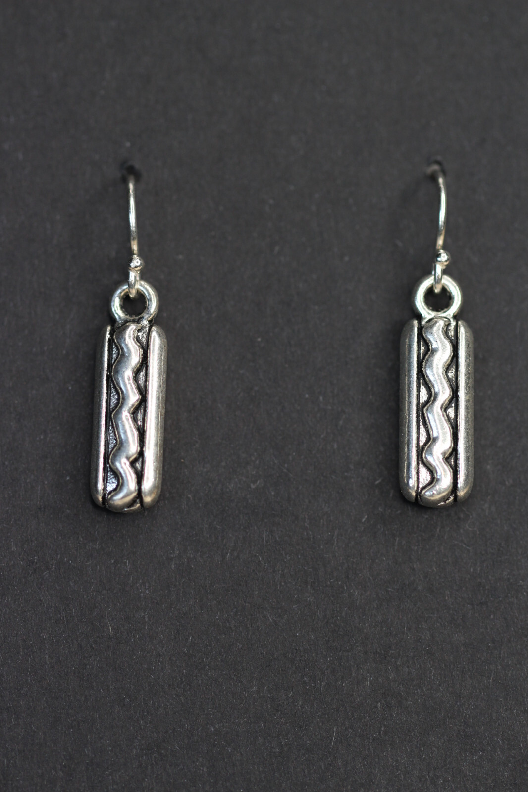 Hot Dog Charm Earrings .925 sterling silver hooks pewter Charms 1 1/4″ Weenie
