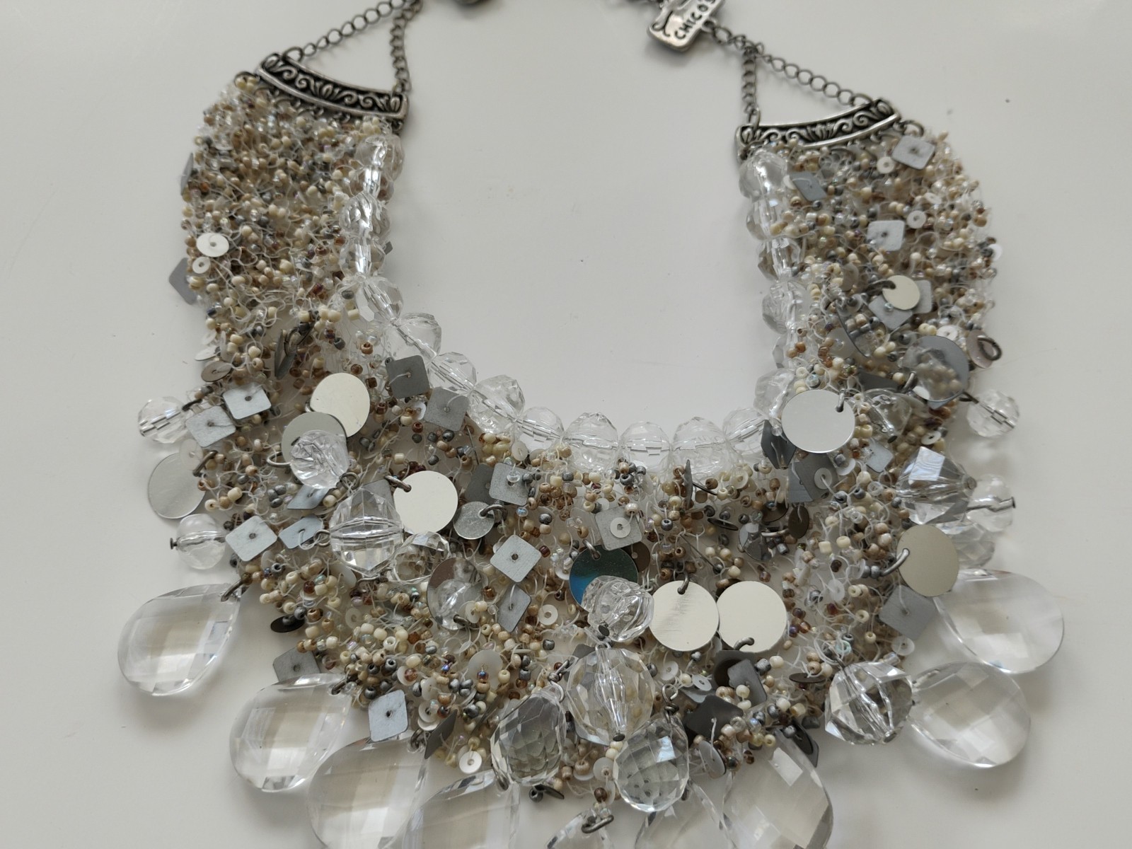 Chico’s Statement Collar Necklace – Silver, Clear & White Beads