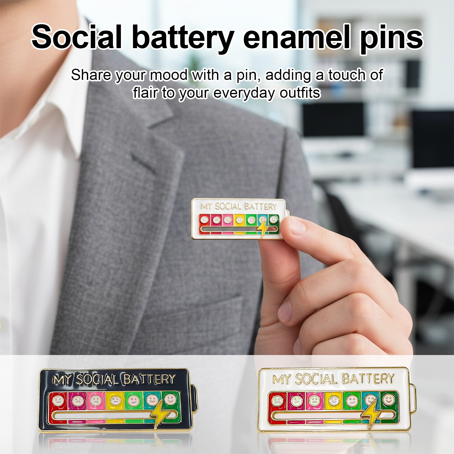 2Pcs Social Battery Slider Pin,Funny Interactive Mood Pins for Jackets&Backpack