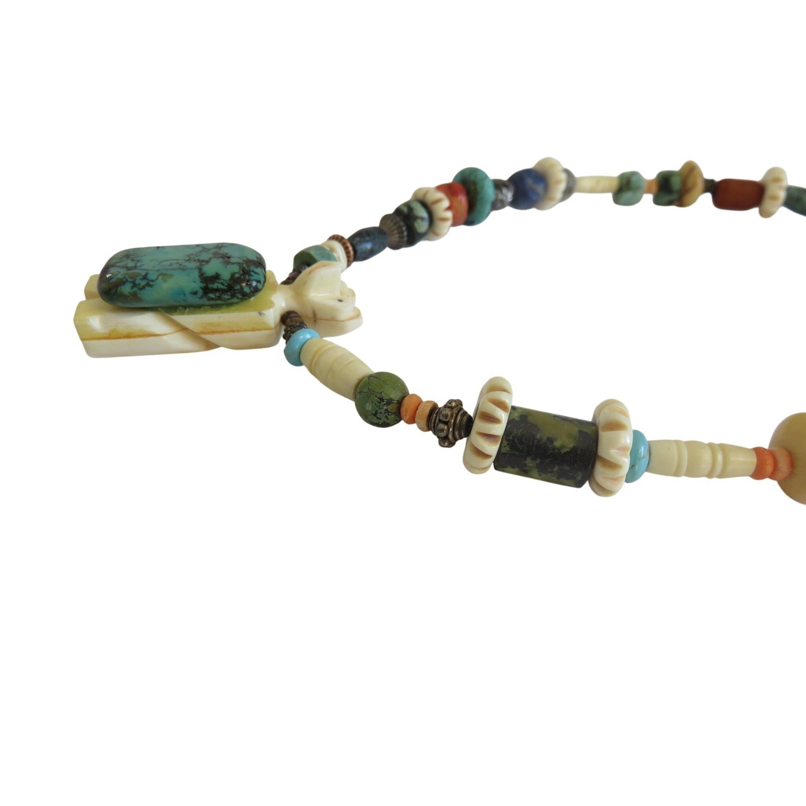 Handmade Beaded Bear Fetish Necklace Turquoise Lapis Bone Stone Southwestern