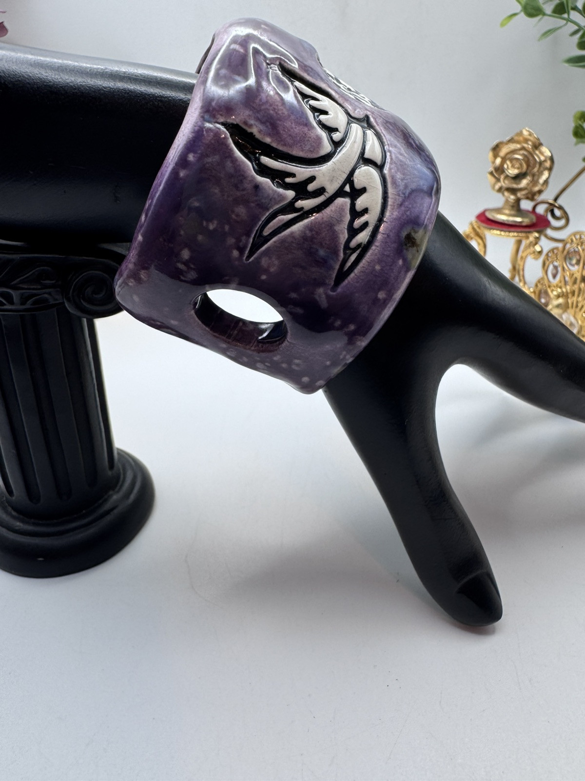Rare signed SR ceramic bracelet, purple enamel, with heart and dove design