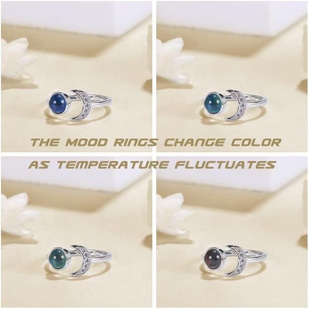 925 Sterling Silver Mood Ring Moon Star Open Adjustable Rings for Women 18K Whit