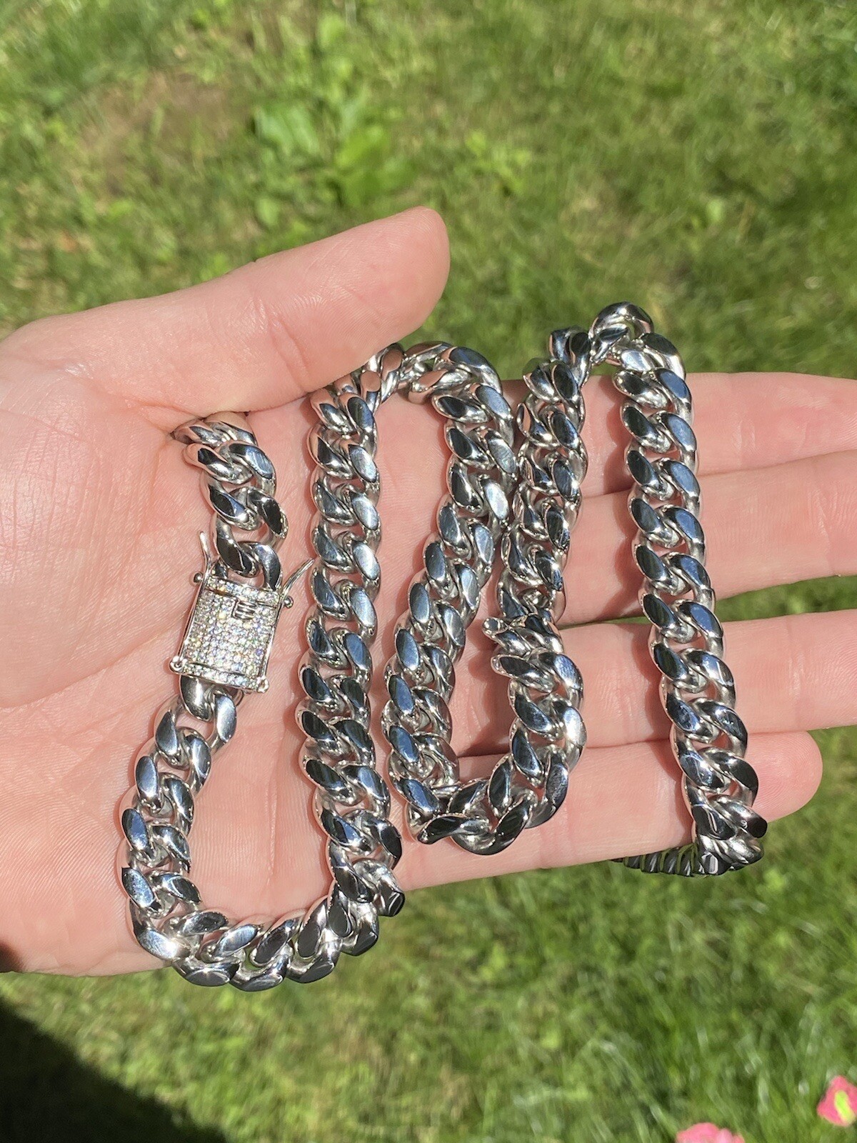 Miami Cuban Chain 14k White Gold Plated SS Mens HipHop Iced CZ Clasp Necklace