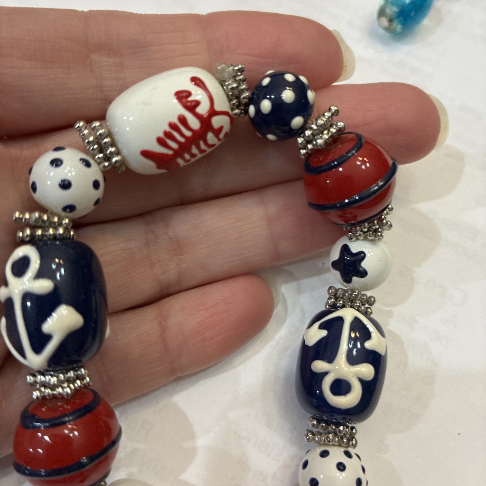 Handmade Nautical Stretch Bracelet Red White Blue Anchor Ocean Beach Theme