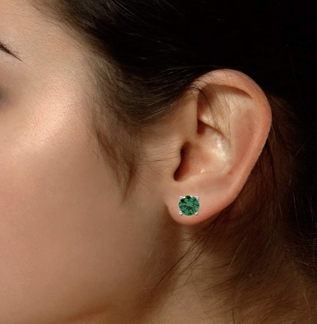 925 Sterling Silver Round Cut Lab Created Emerald Stone Studs Earrings UNISEX