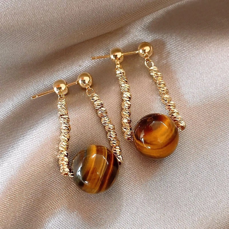 Round Tiger Eye Stone Hanging Earrings Womens Pendant Earring Fashion Jewelry