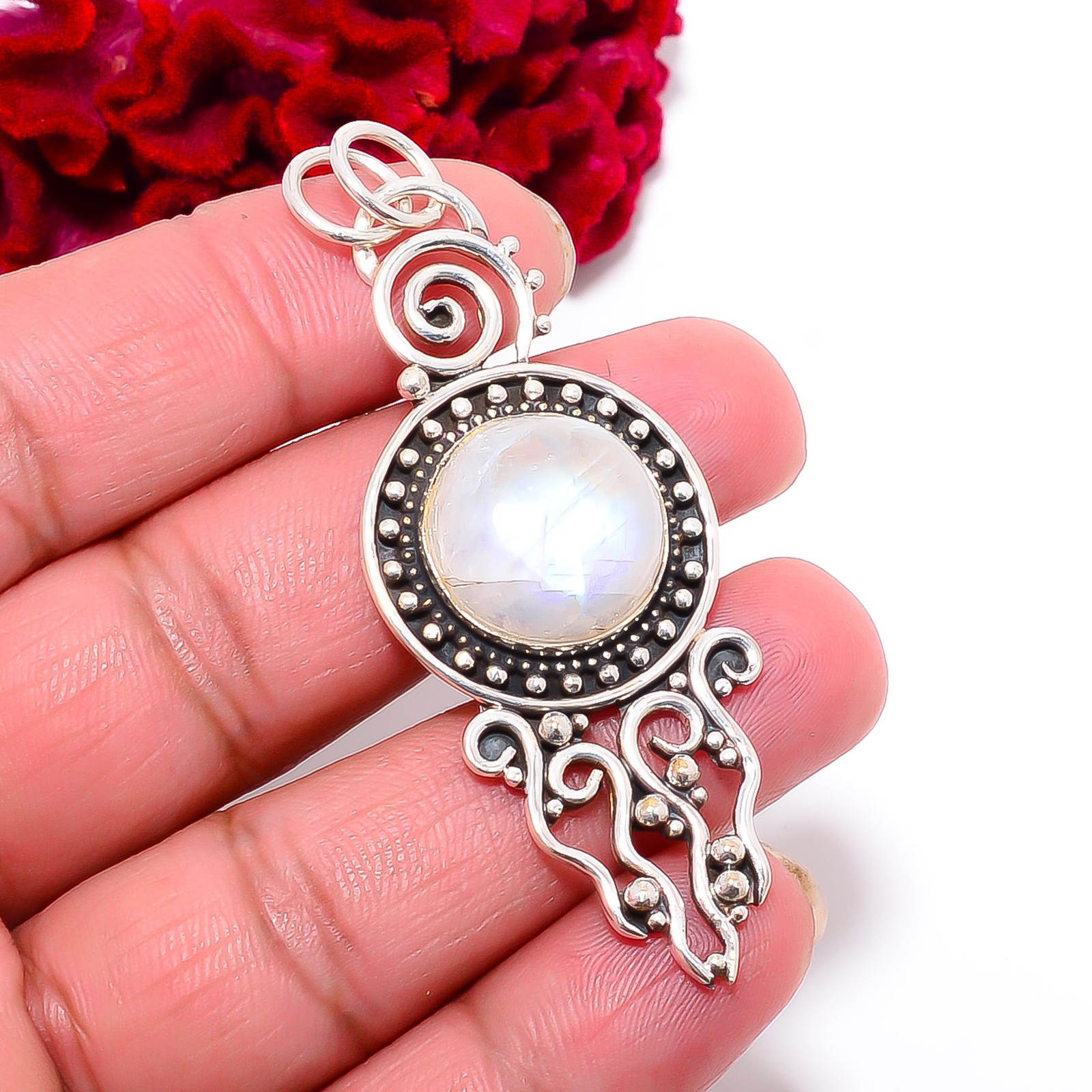 Rainbow Moonstone – India Handmade 925 Sterling Silver Pendant 2.54″ P32