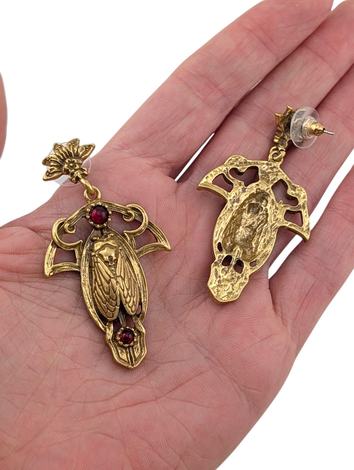ART DECO CICADA EARRINGS brass insect & burgundy “stones” nouveau gothic S2