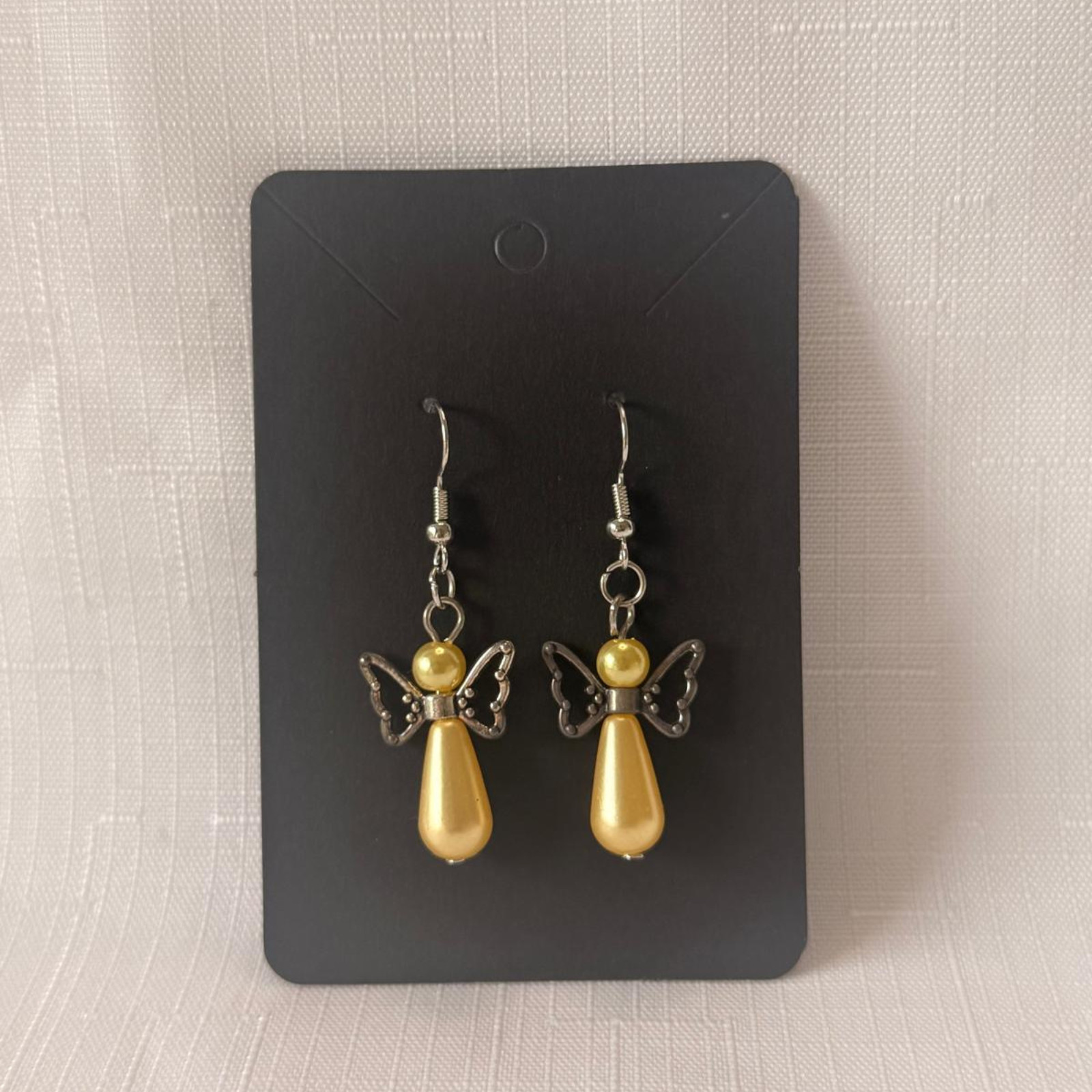 Angel Wing Earrings Silver Pearl Handmade Beaded Dangle Jewelry Gift
